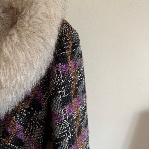 Vintage Wool Multicolor Pea Coat with Fur Collar - Picture 4 of 5